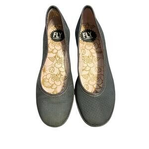 Fly London Yoni Women's Olive Green Perforated Leather Wedge Shoes, Size 8.5